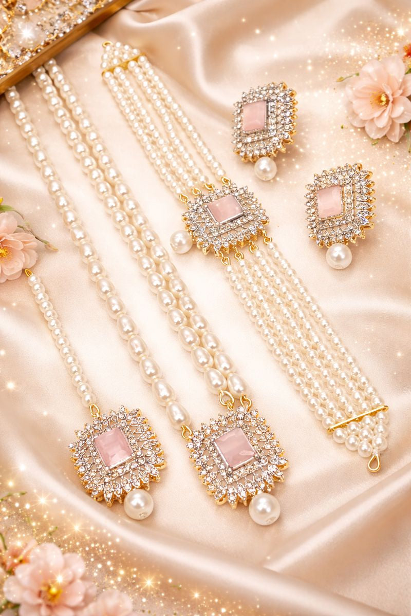 Elegant Pearl and Stone Jewellery Set – Necklace, Bracelets, and Earrings for Special Occasions