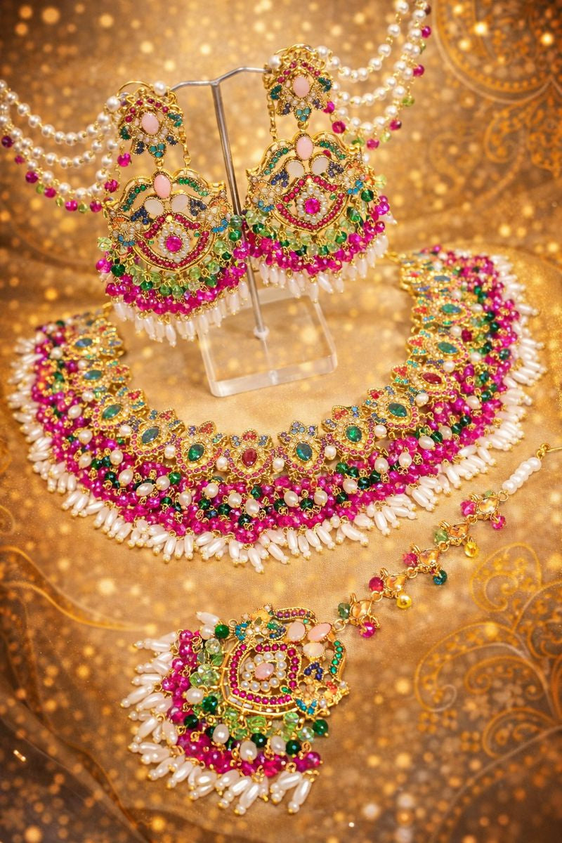 Royal Bridal Bliss: Handmade Gold-Plated Jewelry Set with Gemstones & Pearls