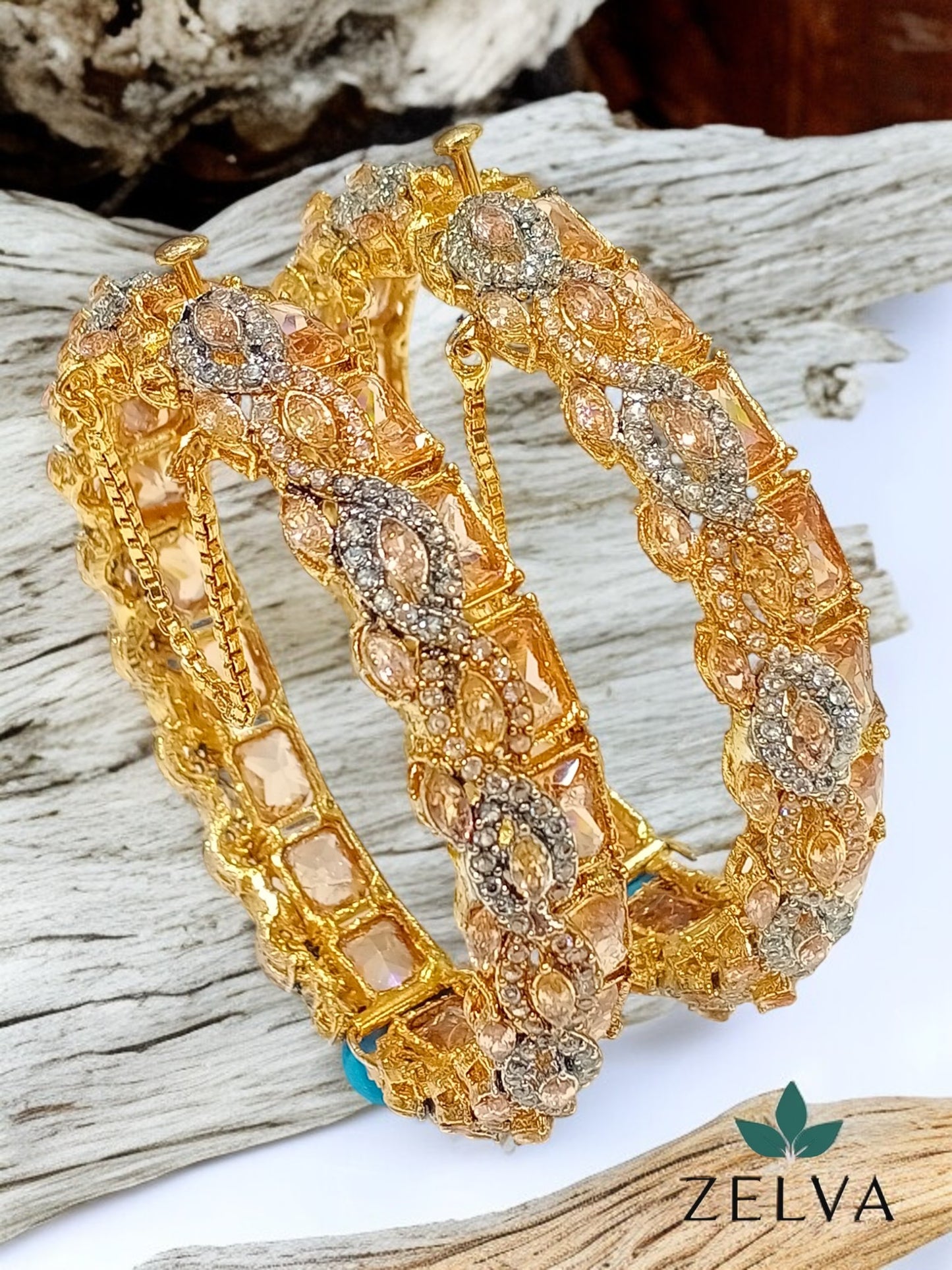 Golden Elegance: Handmade Mint Green Stone Bangle Set Zircon Set