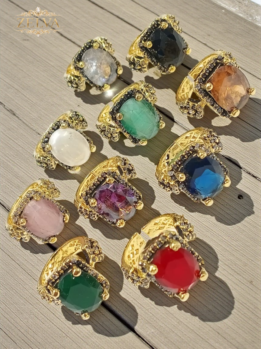 Golden Glamour: Adjustable Gemstone Rings – 9 Color Collection