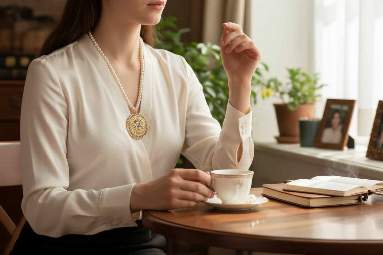 Golden Glamour: Elegant & Pearl Pendant Necklace