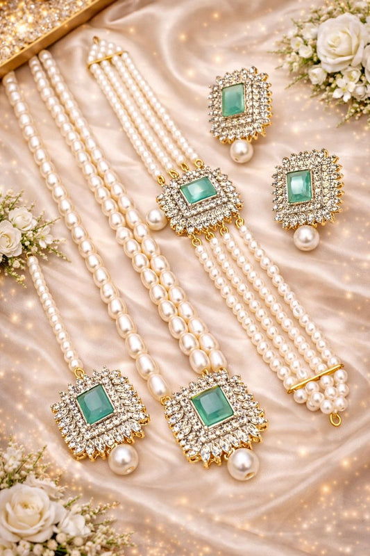 Elegant Pearl and Stone Jewellery Set – Necklace, Bracelets, and Earrings for Special Occasions