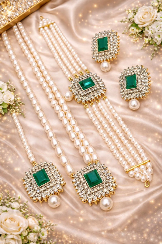 Elegant Pearl and Stone Jewellery Set – Necklace, Bracelets, and Earrings for Special Occasions