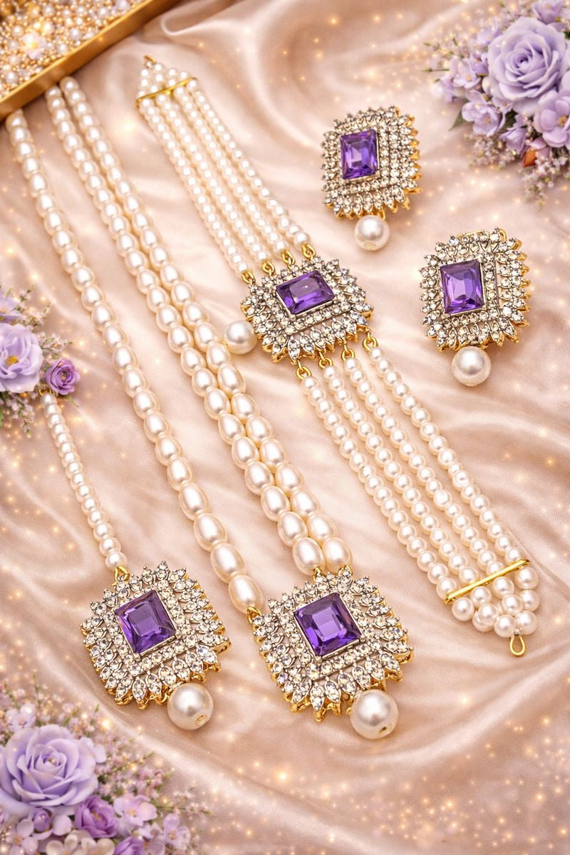 Elegant Pearl and Stone Jewellery Set – Necklace, Bracelets, and Earrings for Special Occasions