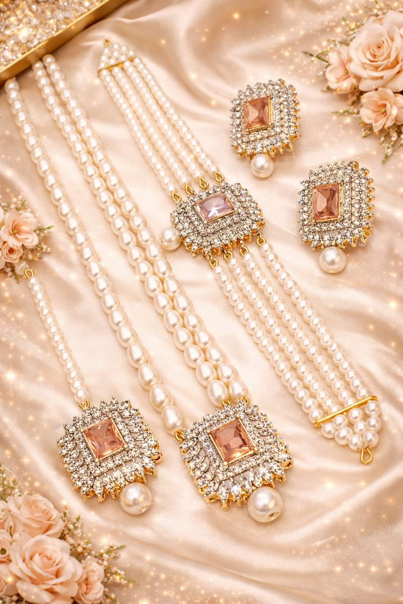 Elegant Pearl and Stone Jewellery Set – Necklace, Bracelets, and Earrings for Special Occasions