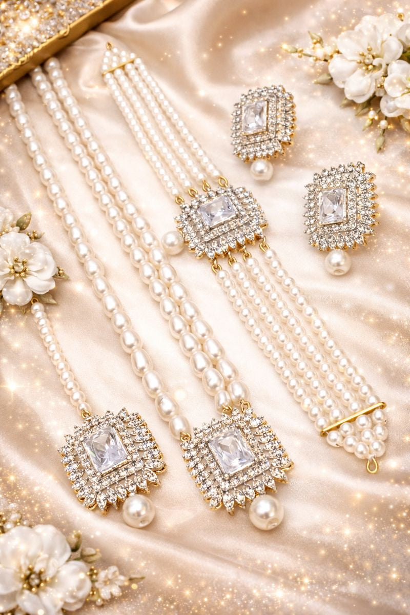 Elegant Pearl and Stone Jewellery Set – Necklace, Bracelets, and Earrings for Special Occasions