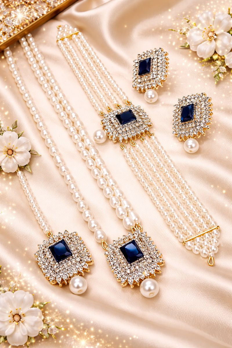 Elegant Pearl and Stone Jewellery Set – Necklace, Bracelets, and Earrings for Special Occasions