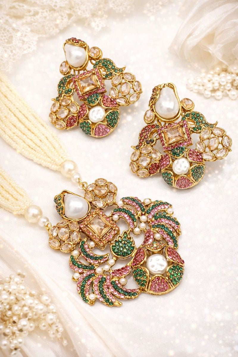 Colorful Pearl & Stone Jewellery Set – Necklace and Earrings for Special Occasions