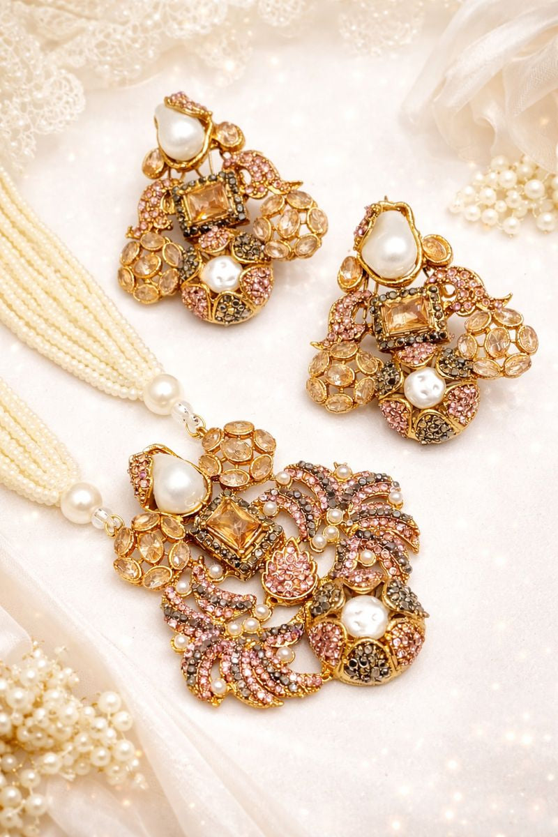 Colorful Pearl & Stone Jewellery Set – Necklace and Earrings for Special Occasions