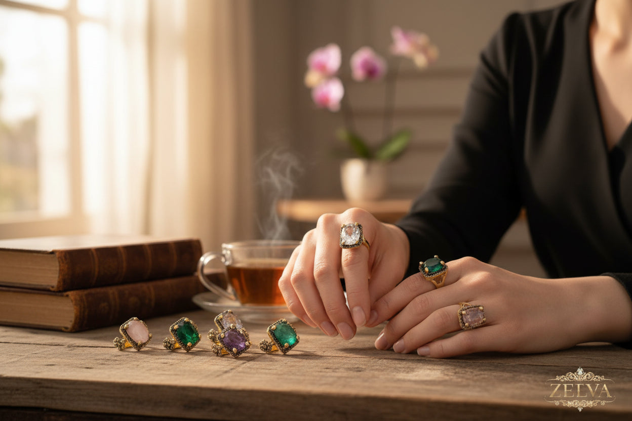 Golden Glamour: Adjustable Gemstone Rings – 9 Color Collection