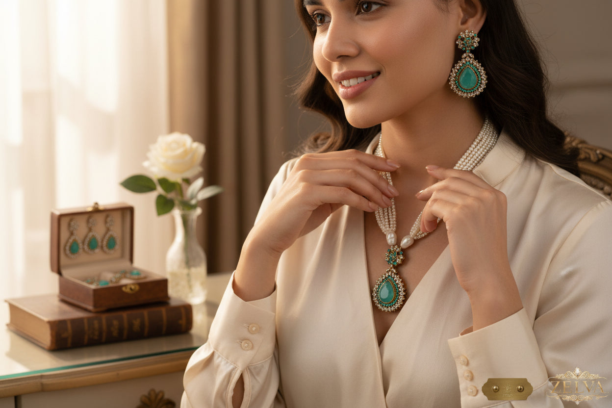 Emerald Radiance: Luxury Handmade Necklace & Earrings Set