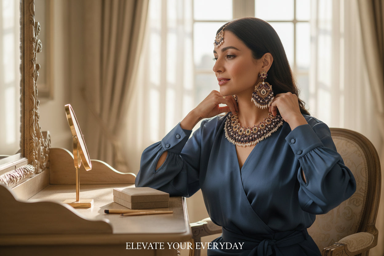 Royal Bridal Bliss: Handmade Gold-Plated Jewelry Set with Gemstones & Pearls