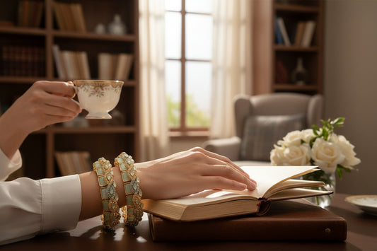 Golden Elegance: Handmade Mint Green Stone Bangle Set Zircon Set