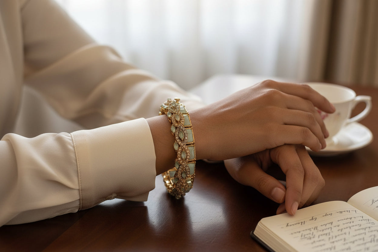 Golden Elegance: Handmade Mint Green Stone Bangle Set Zircon Set
