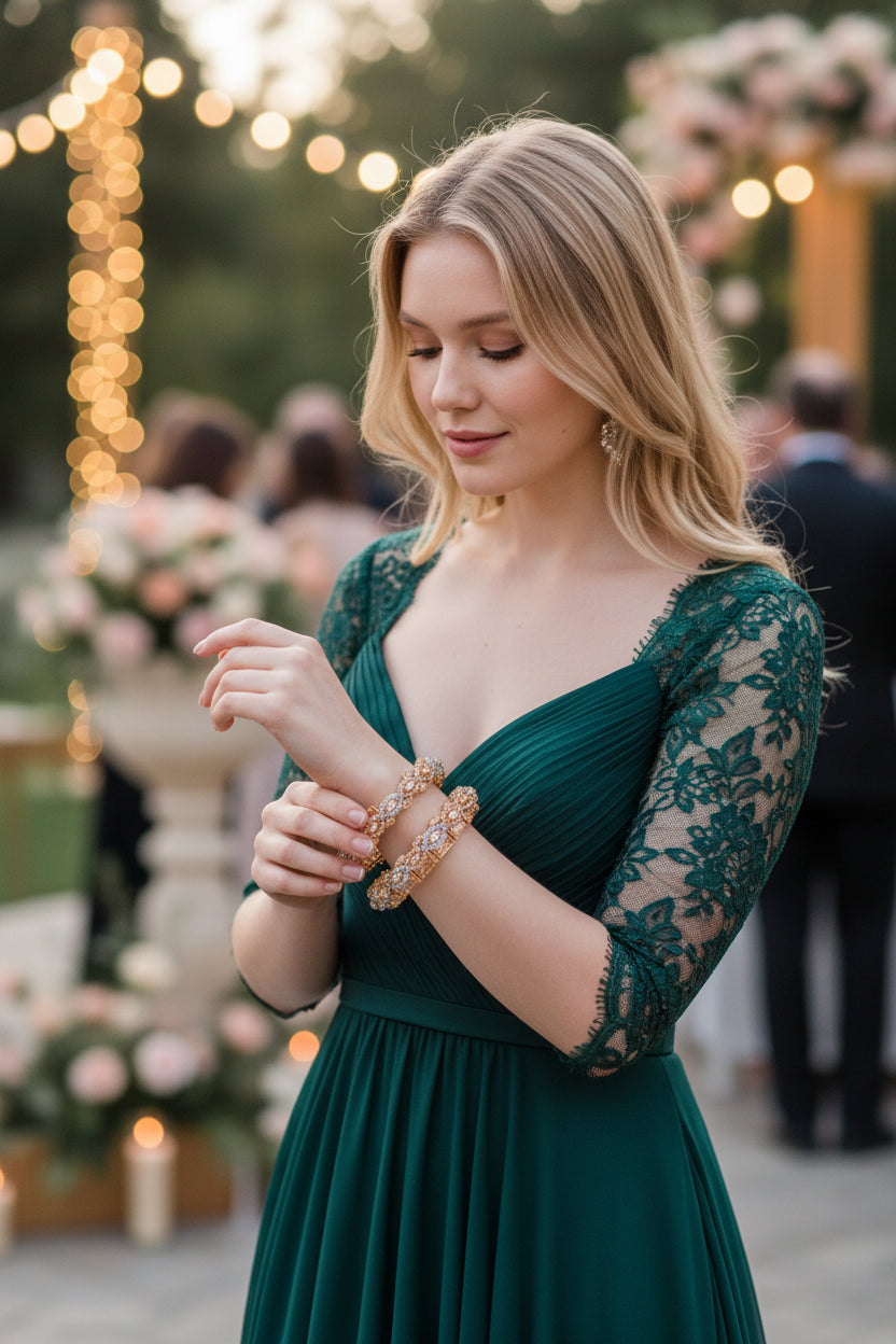 Golden Elegance: Handmade Mint Green Stone Bangle Set Zircon Set