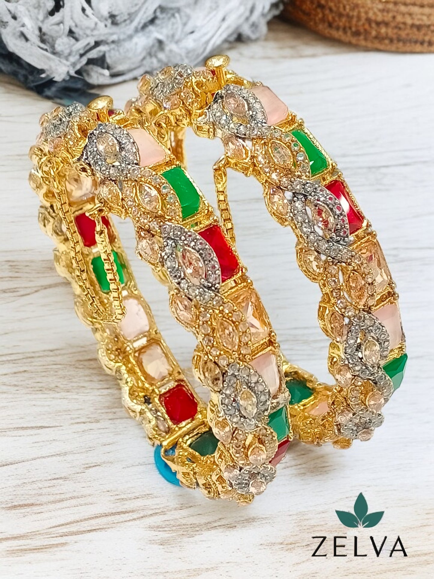 Golden Elegance: Handmade Mint Green Stone Bangle Set Zircon Set