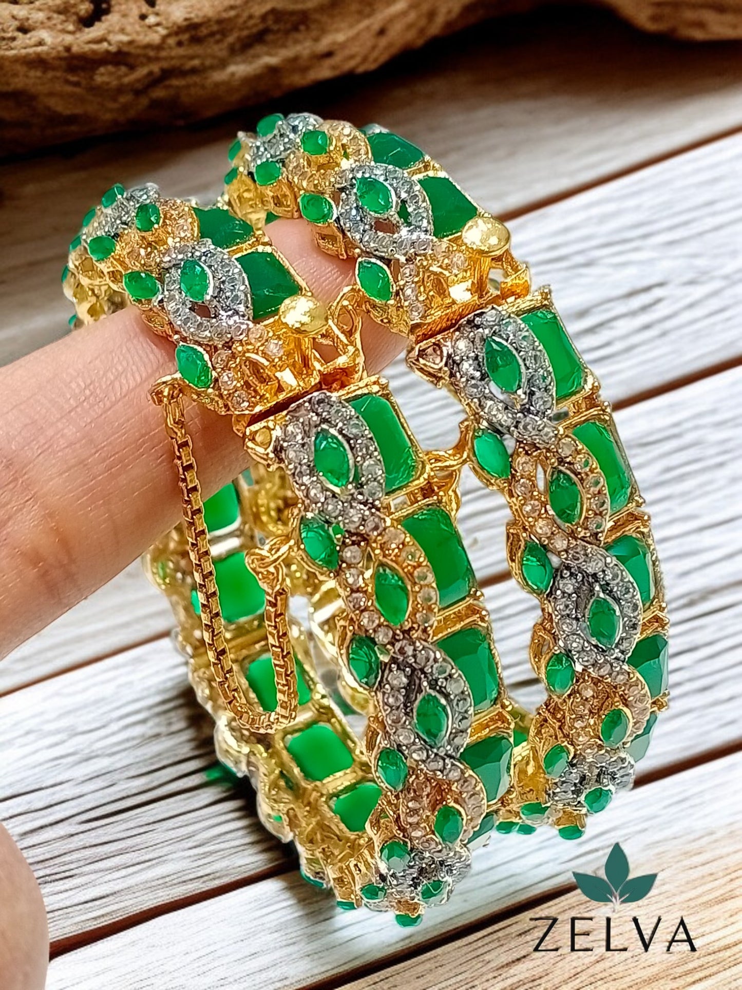 Golden Elegance: Handmade Mint Green Stone Bangle Set Zircon Set