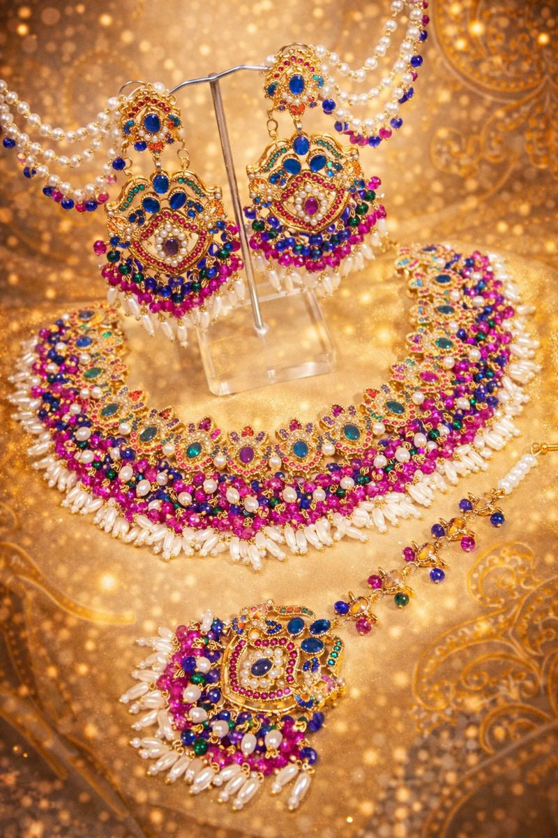 Royal Bridal Bliss: Handmade Gold-Plated Jewelry Set with Gemstones & Pearls