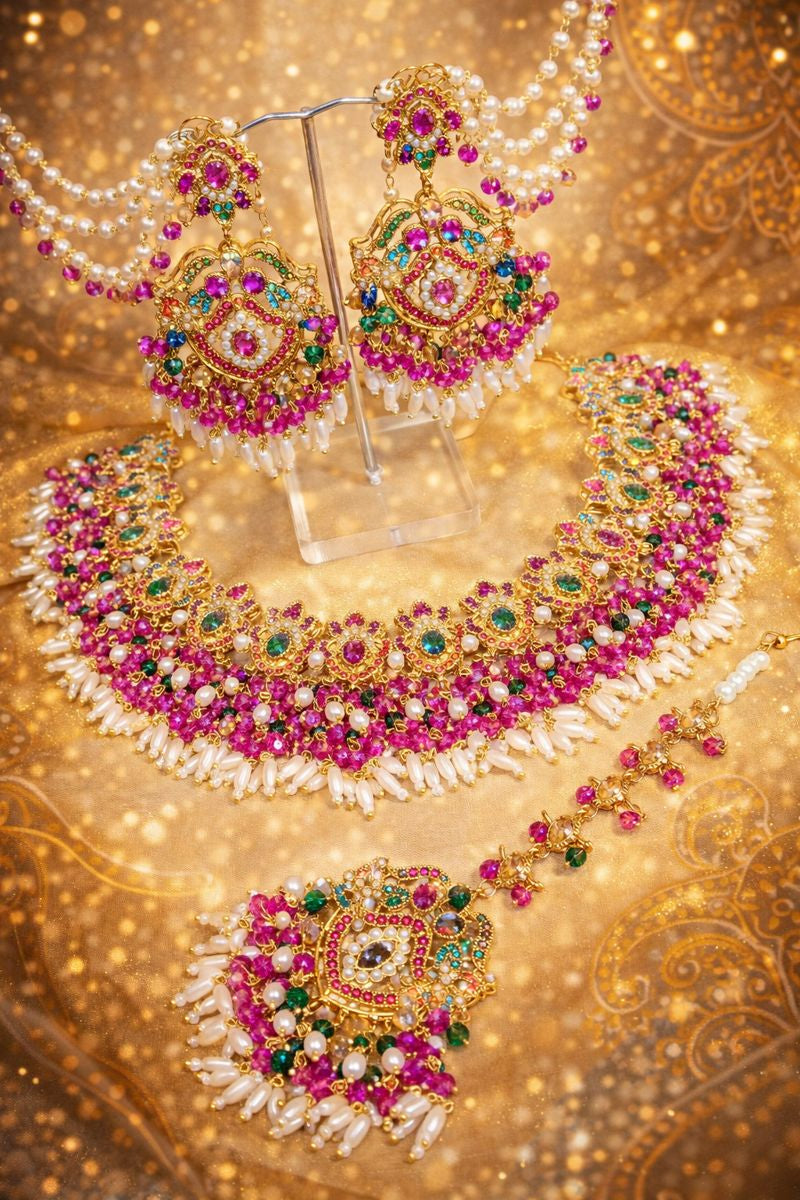 Royal Bridal Bliss: Handmade Gold-Plated Jewelry Set with Gemstones & Pearls