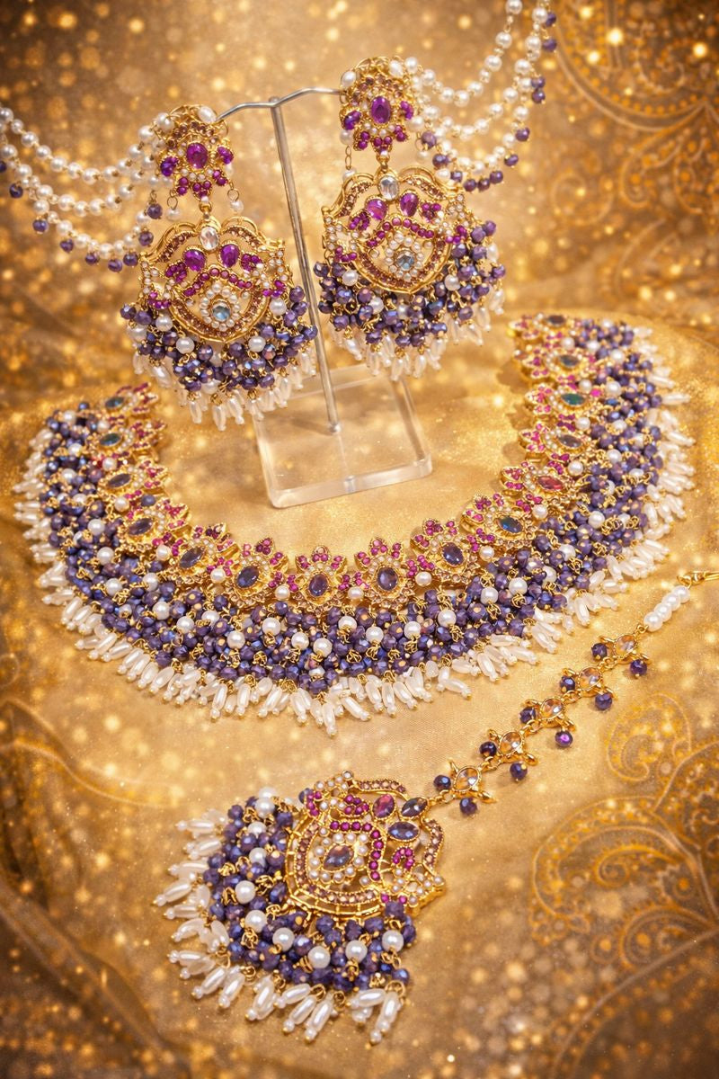 Royal Bridal Bliss: Handmade Gold-Plated Jewelry Set with Gemstones & Pearls