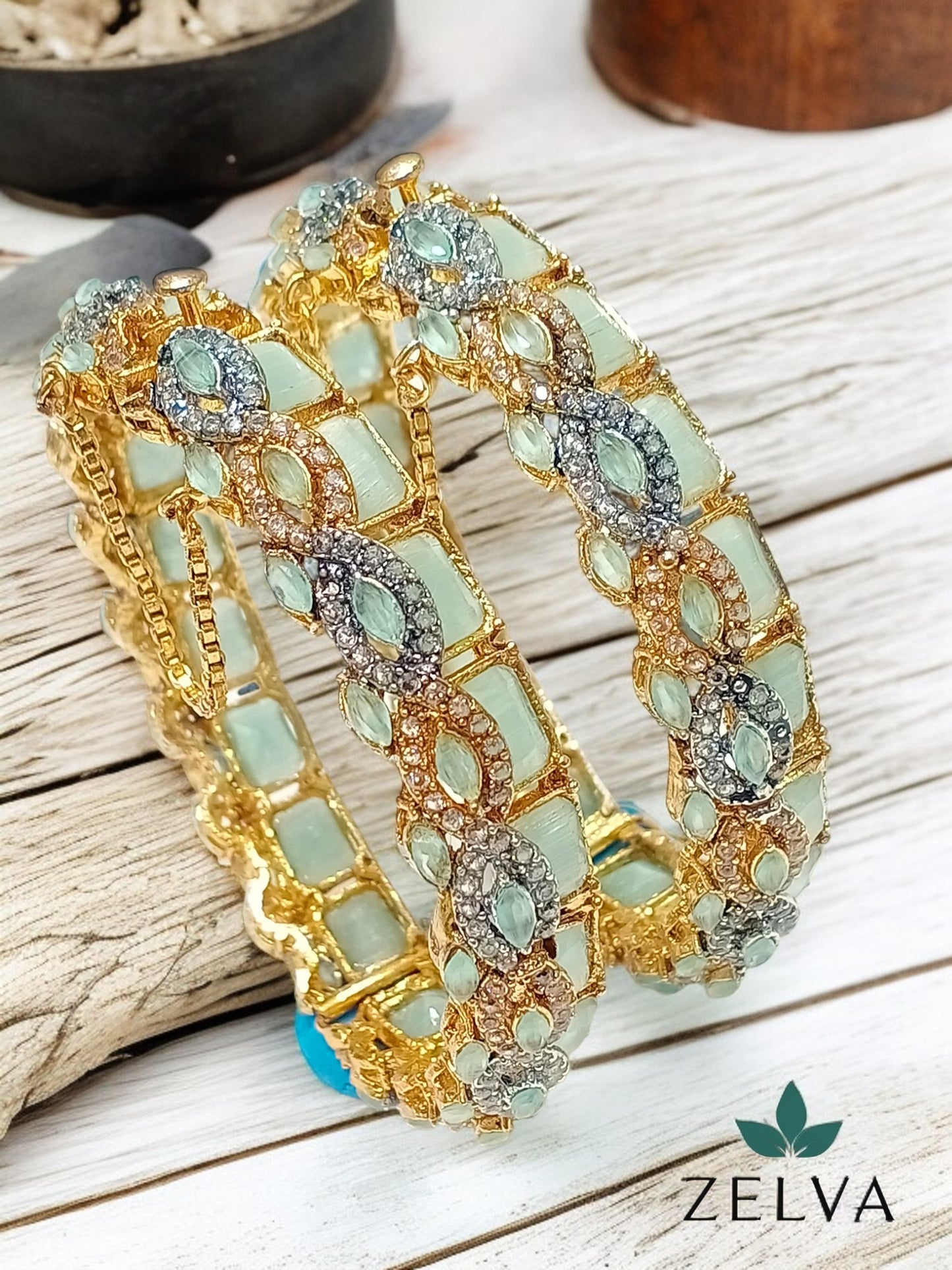 Golden Elegance: Handmade Mint Green Stone Bangle Set Zircon Set