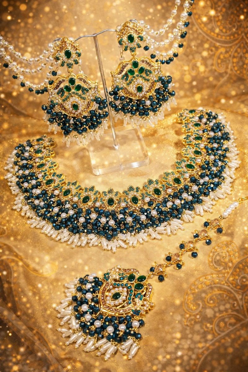 Royal Bridal Bliss: Handmade Gold-Plated Jewelry Set with Gemstones & Pearls