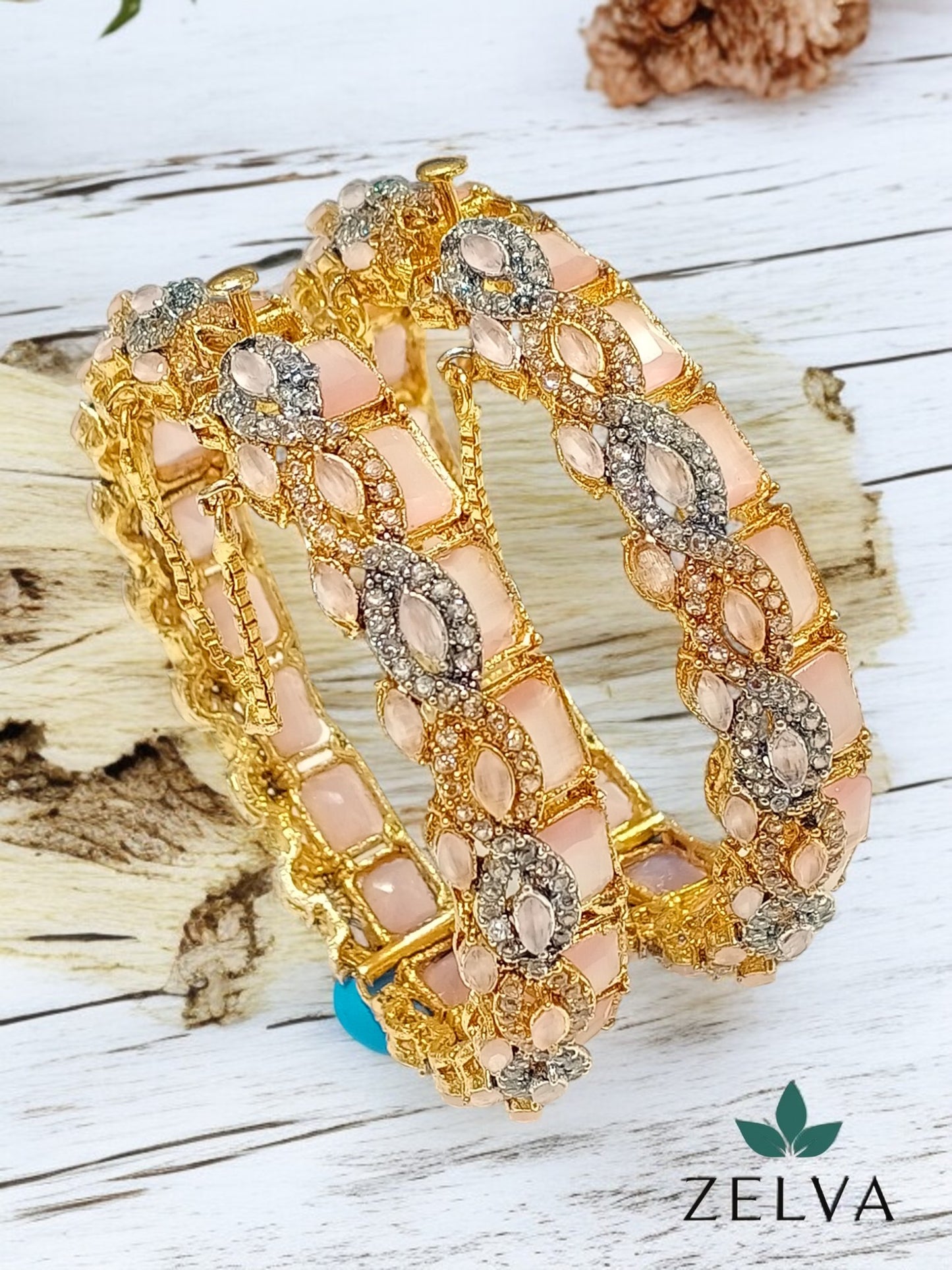 Golden Elegance: Handmade Mint Green Stone Bangle Set Zircon Set