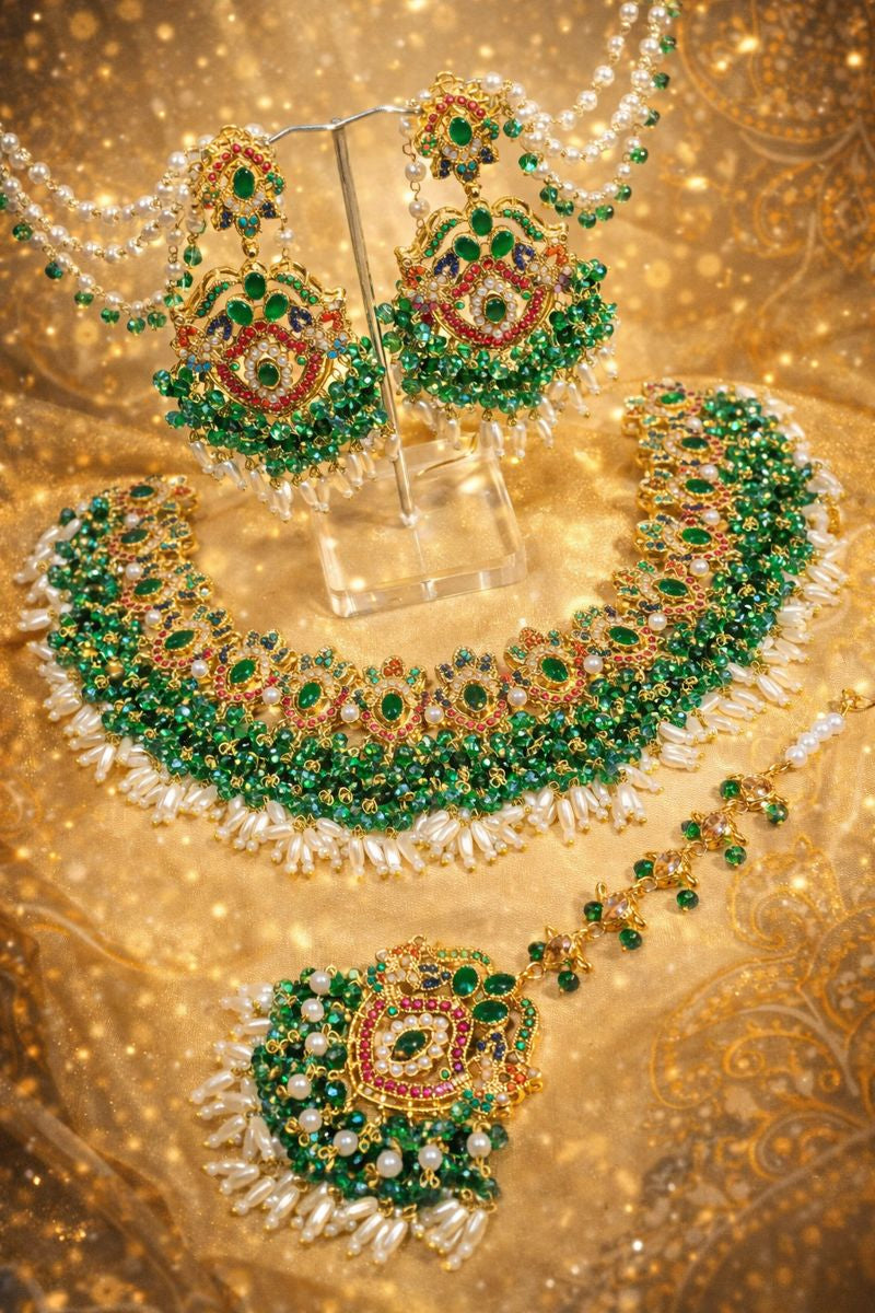 Royal Bridal Bliss: Handmade Gold-Plated Jewelry Set with Gemstones & Pearls