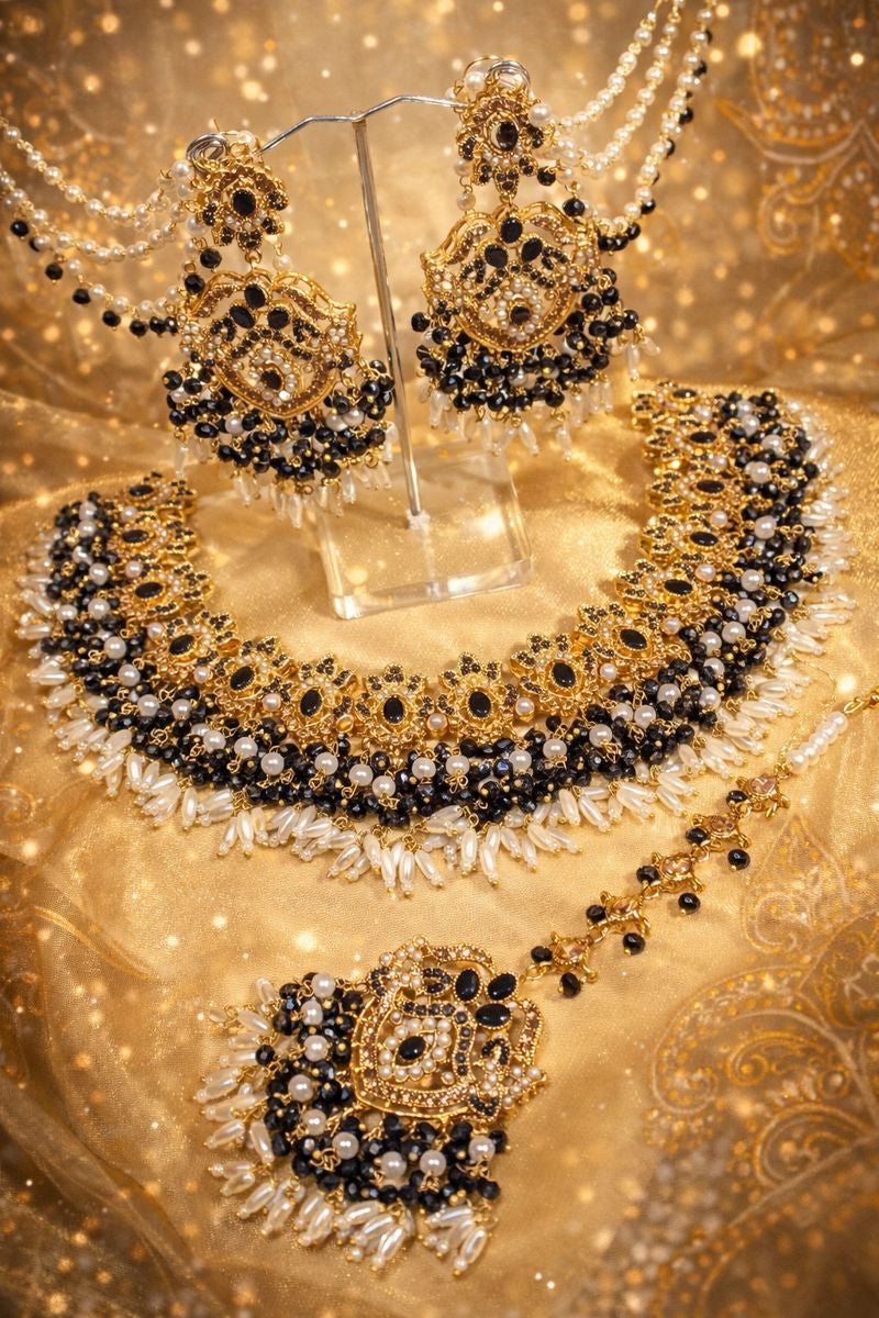 Royal Bridal Bliss: Handmade Gold-Plated Jewelry Set with Gemstones & Pearls